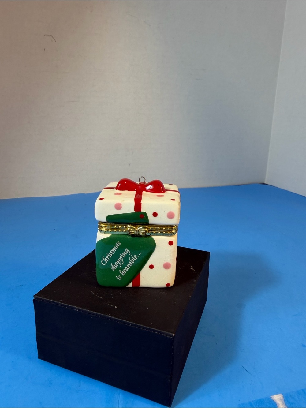 Hand-Painted Ceramic Gift Box Ornament in White, Red & Green